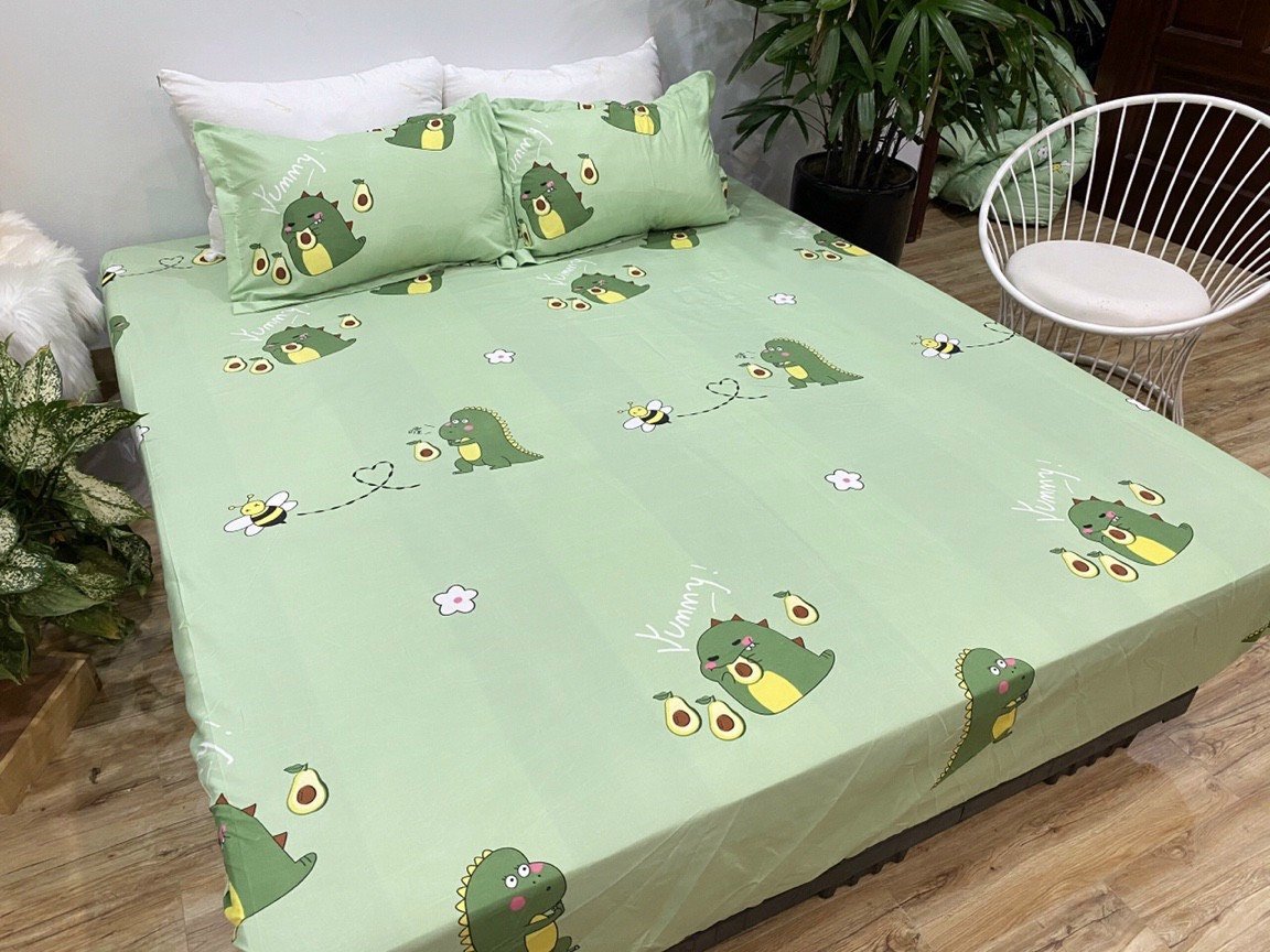 [BIG SALE] Set 3 Poly Ga Gối Khủng Long Màu Xanh Mint Siêu Xinh, Bộ 3 Ga Gối Poly Khủng Long Xanh Cute, Set Poly 3 Món Màu Xanh Lá Họa Tiết Khủng Long