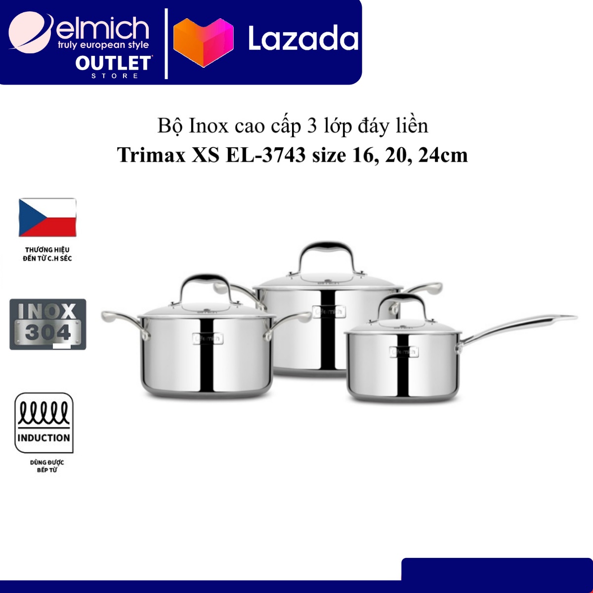 Bộ inox cao cấp 3 lớp đáy liền trimax xs el-3743 size 16, 20, 24cm