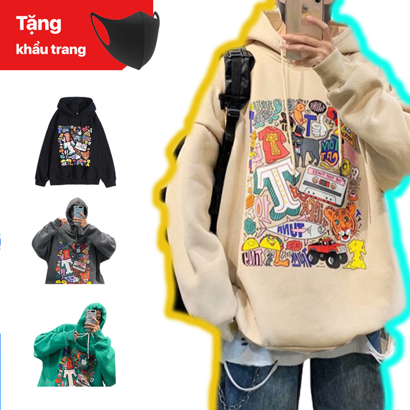 Áo Hoodie Nam Nữ phong cách Harajuku cá tính chất nỉ trần bông hình Kích Thước từ 40-75kg