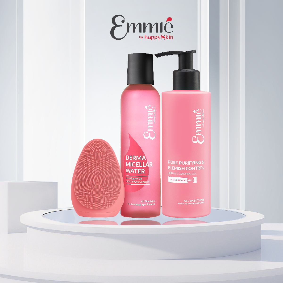 Bộ sản phẩm làm sạch: Máy Rửa Mặt, 1 Nước Tẩy Trang & 1 Gel Rửa Mặt Emmié By Happy Skin