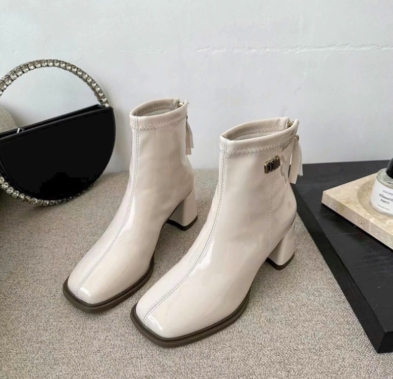 Giày boot nữ da dóng cao gót 7p đế vuông, boot lửng nữ thời trang hoạ tiết mm khoá kéo sau, boot da lót nhung!