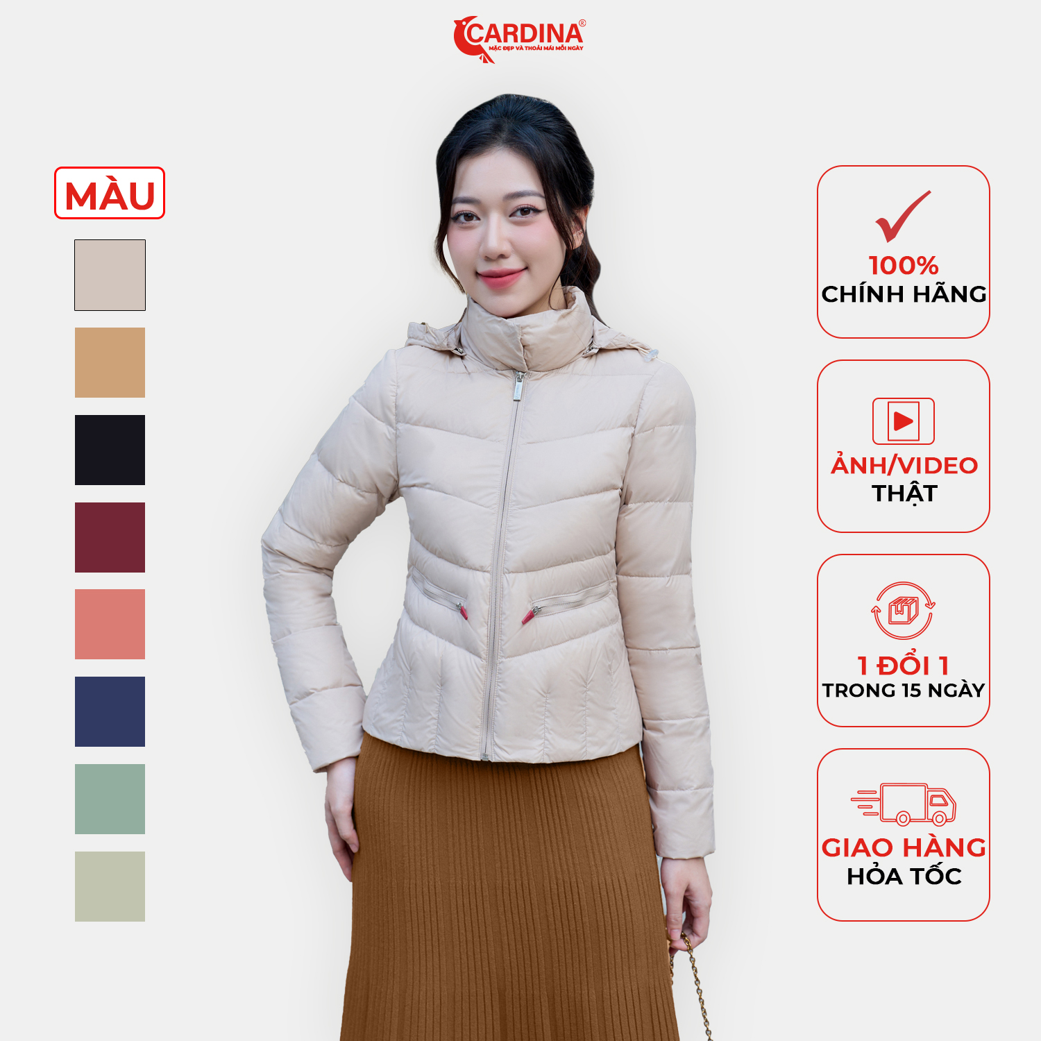 Áo Phao lông vũ CARDINA dáng ngắn chất liệu cao cấp chần lông vũ siêu nhẹ phom ôm vừa tôn dáng 3LVN01