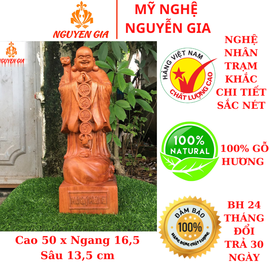 Tượng phật di lặc bằng gỗ hương cao cấp nguyên khối mẫu chúc phúc cao 50 cm trạm khắc tinh xảo sắc nét mang lại sức khỏe may mắn tài lộc bình an cho gia đình