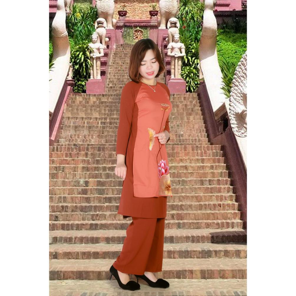 Bộ áo dài đi chùa thêu hoa sen 4 tà