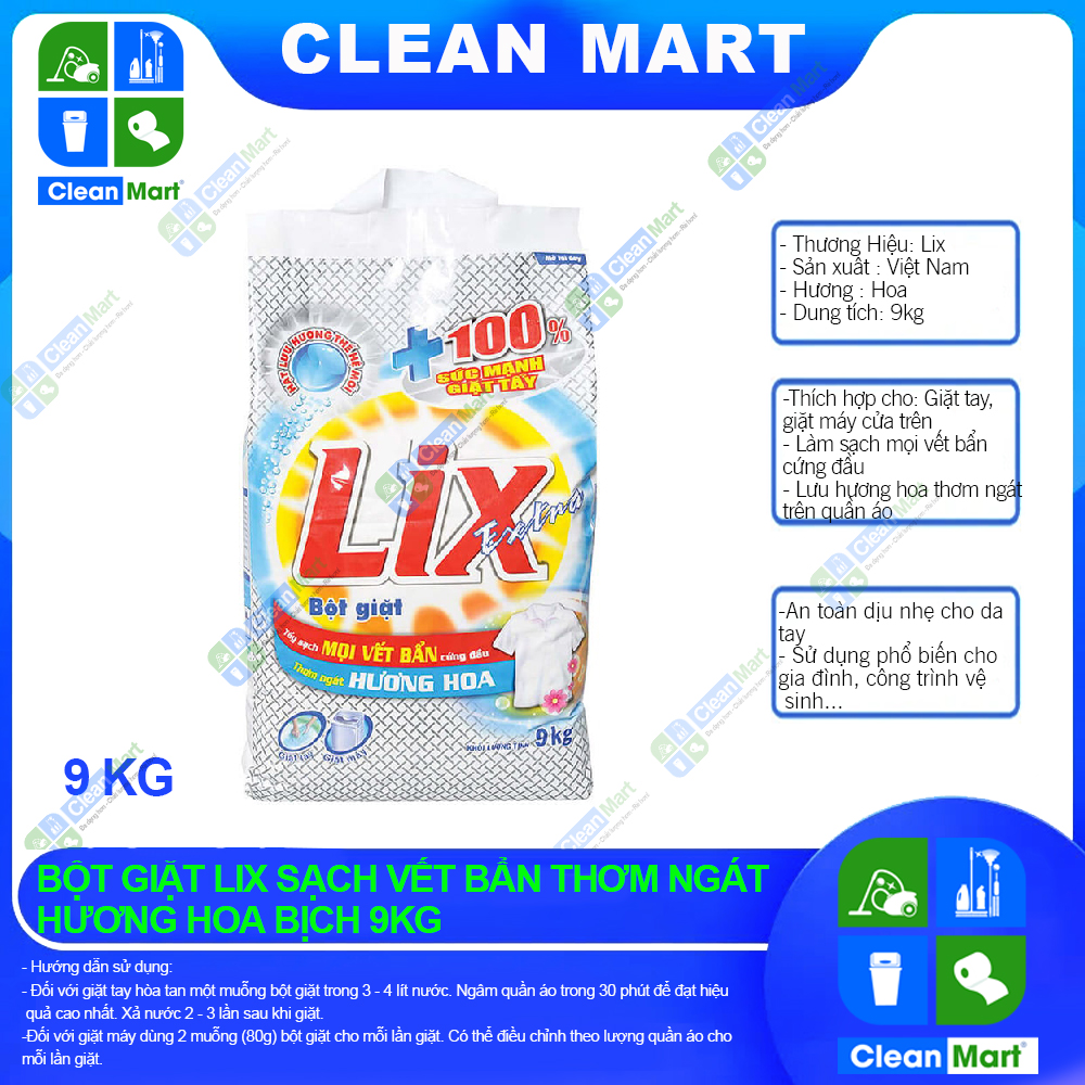 Bột giặt LIX Extra Hương Hoa 9kg Đánh Bay Mọi Vết Bẩn Bịch Lớn Tiết Kiệm - CLEAN MART