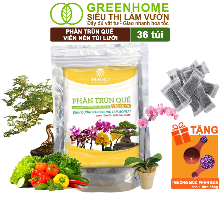 Phân trùn quế viên nén greenhome, lavamix, túi lưới, bao 36 túi, dinh dưỡng hữu cơ, không mùi, tốt cho lan, bonsai, rau