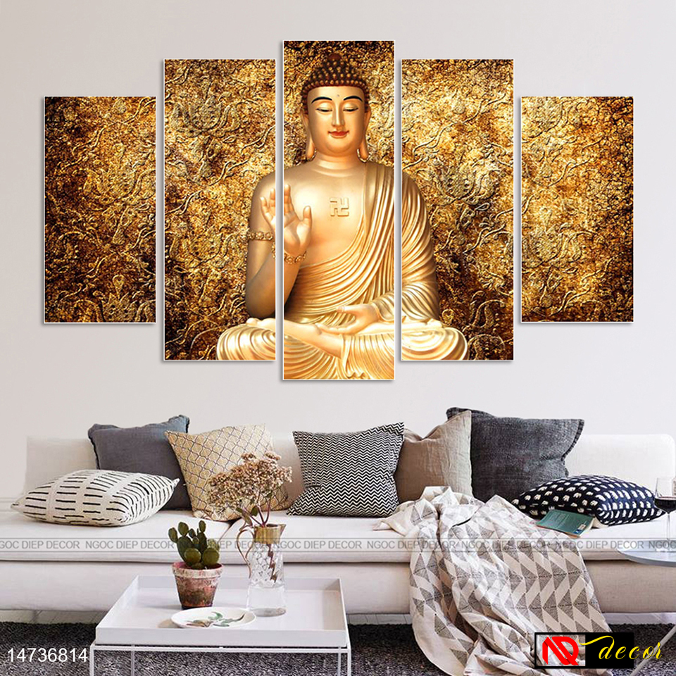Tranh dán tường Phật Vàng Ý Nghĩa May Mắn Bình An - tranh decor trang trí có sẵn băng keo xốp