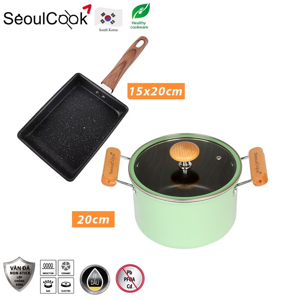 [Hoàn tiền 20%] Bộ nồi chảo,  nồi 20cm  + chảo vuông 15x20cm Seoulcook Hàn Quốc, dùng cho bếp gas, hồng ngoại