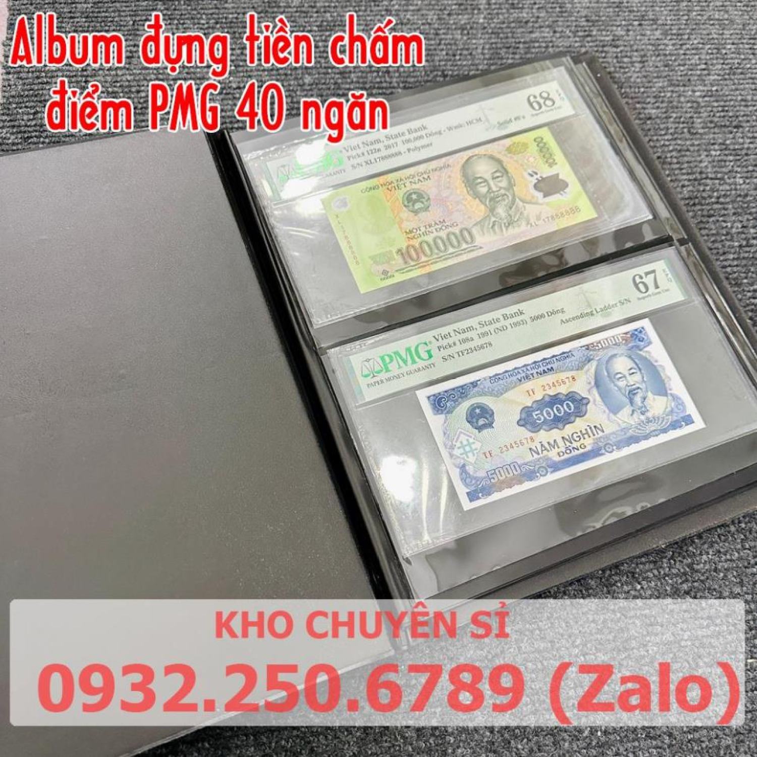 Album đựng tiền chấm điểm pmg gồm 10 phơi 2 ngăn đen đựng 40 tơ`