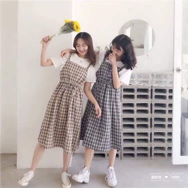 Váy Yếm Mùa Hè Cho Nữ Họa Tiết Kẻ Caro ChẤt Cotton Cực Mát Có Thể Mặc Đôi Mặc Nhóm Cực Xinh B6