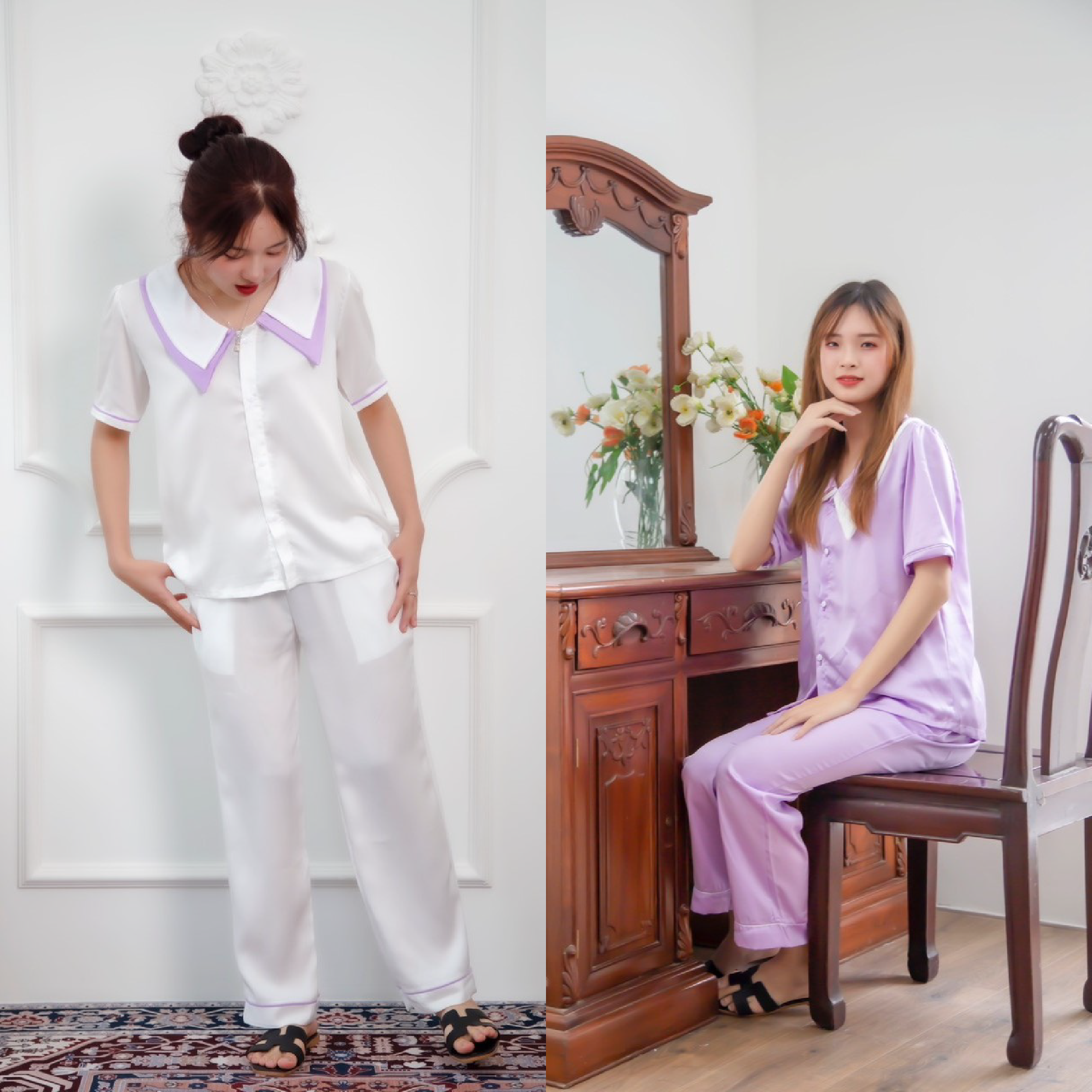 Bộ đồ ngủ pijama lụa ngọc trai cao cấp elegant - bộ đồ ngủ nữ ngắn tay phong cách pháp el17