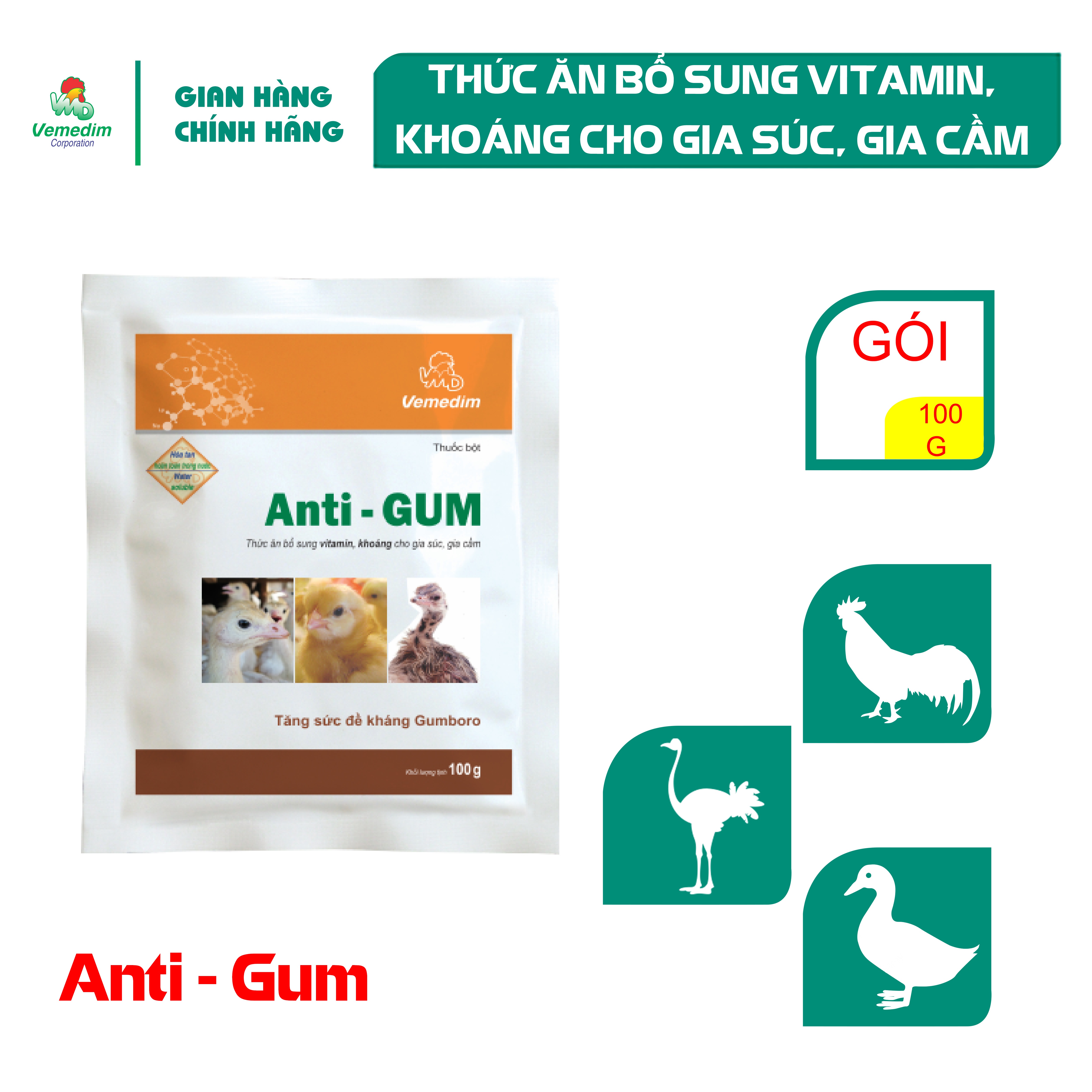 "Hoàn tiền đến 10%" Vemedim Anti-Gum Thức ăn bổ sung khoáng chất cho gia súc, gia cầm, set 10 gói 100g