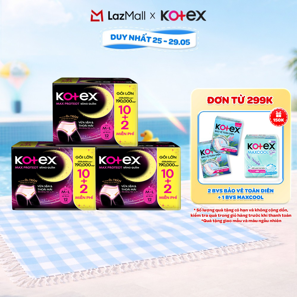 Combo 3 Băng Vệ Sinh Dạng Quần Kotex Ban Đêm Cỡ M/L (10+2) Miếng/Gói