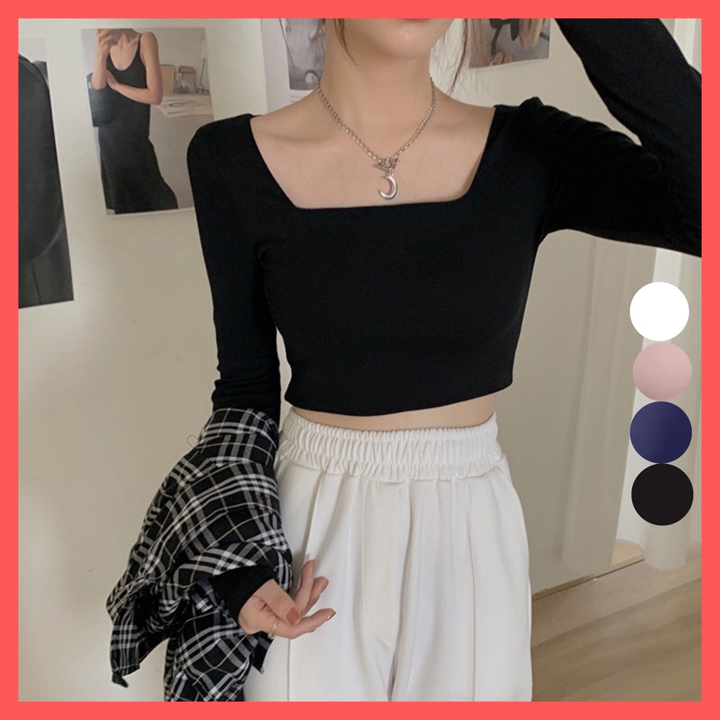 Áo croptop Madela cổ vuông tay dài ôm body, Áo thun nữ dài tay cổ vuông dáng ôm croptop - Mẫu HOT 2021