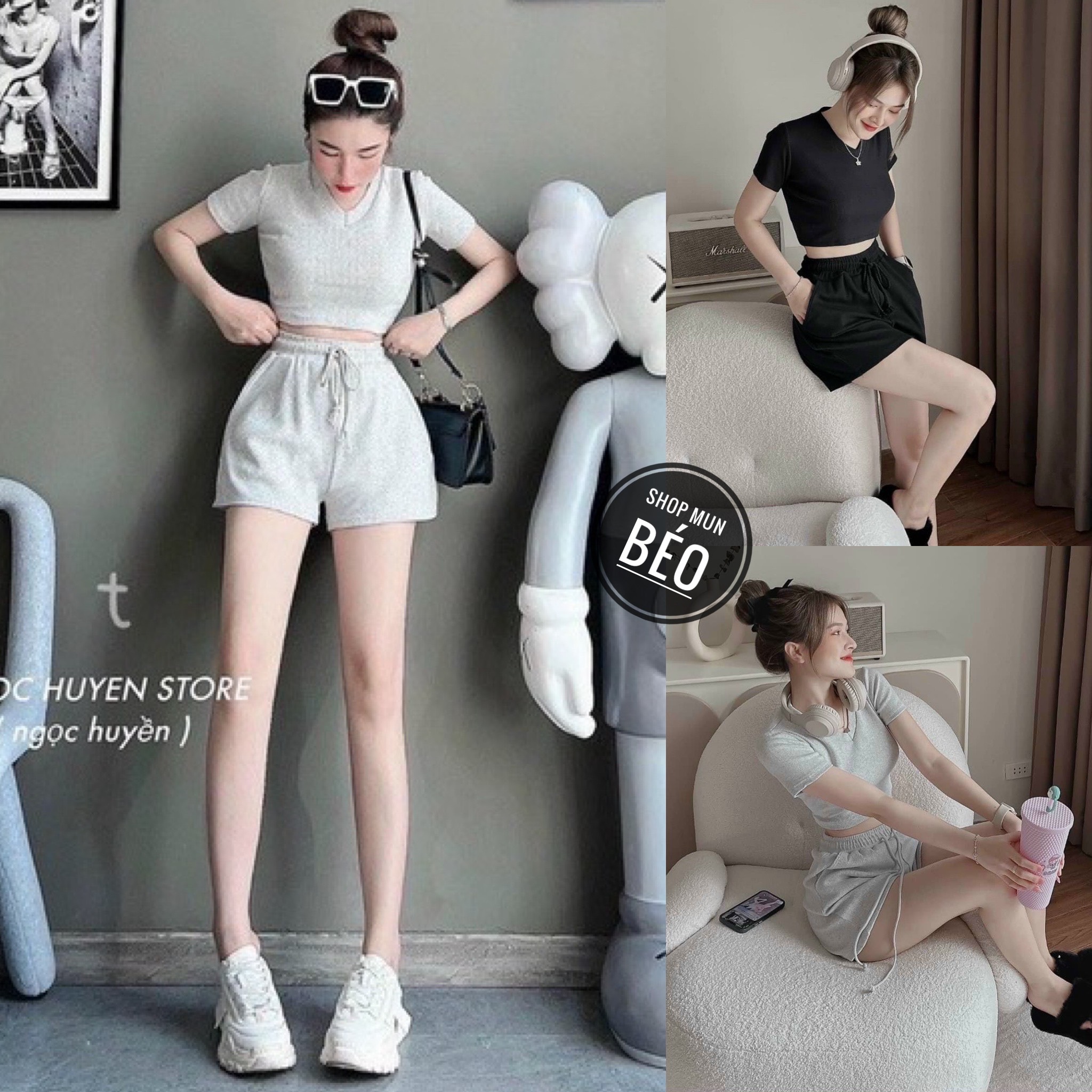 Set bộ áo cổ tim tay ngắn kèm quần đùi chất thun gân co giãn chính phẩm thích hợp mặc đi chơi đi dạo ở nhà