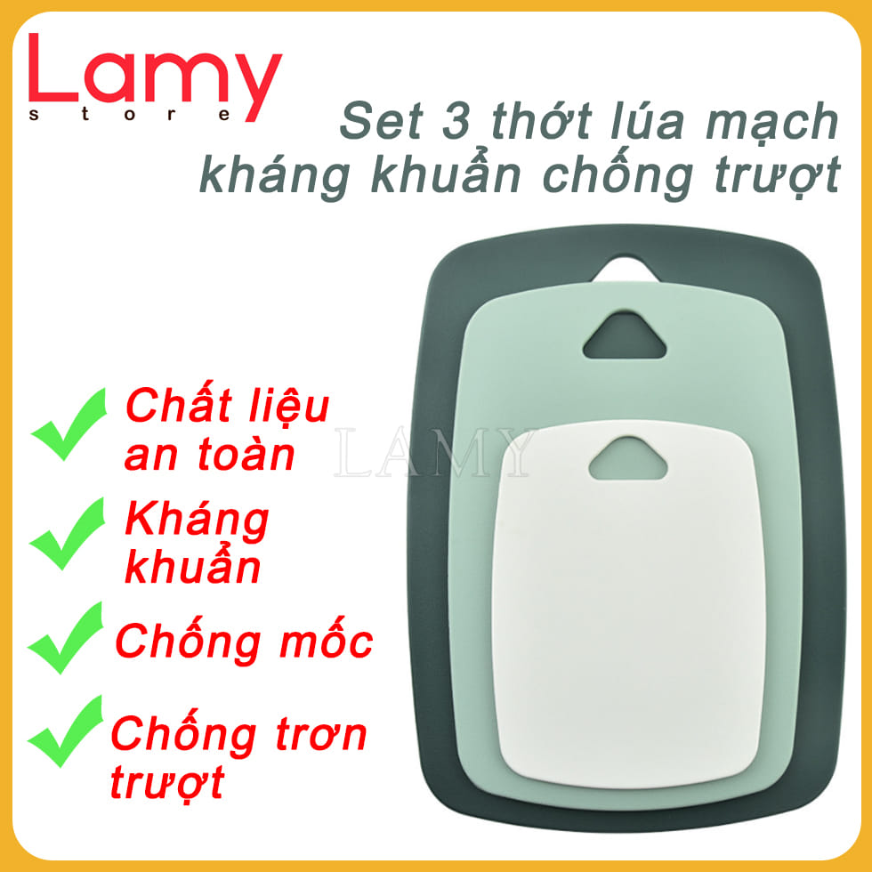 Bộ 3 Thớt Nhựa Kháng Khuẩn Cao Cấp, Thớt Nhựa Lúa Mạch Chống Trơn Trượt & Xước Bề Mặt Chống Mấm Mốc An Toàn Vệ Sinh