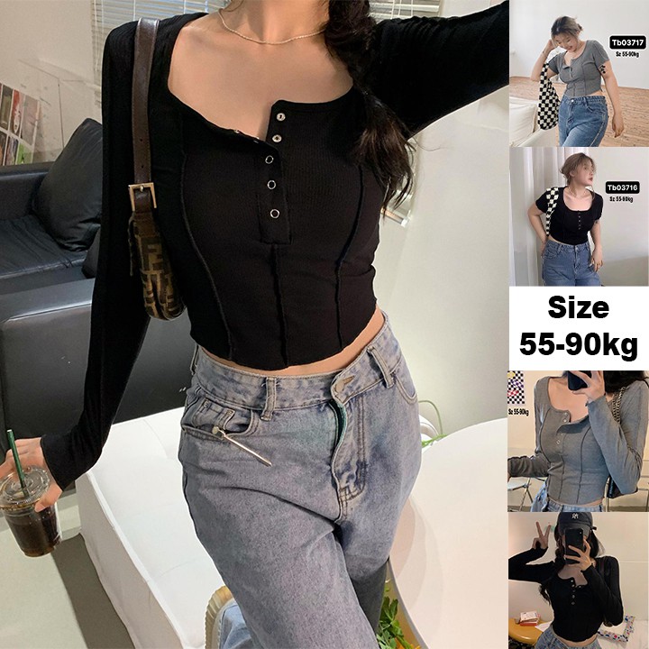 Áo croptop nữ tay dài bigsize 55-90kg, Croptop bigsize vạc bầu co giãn phong cách Hàn Quốc At06