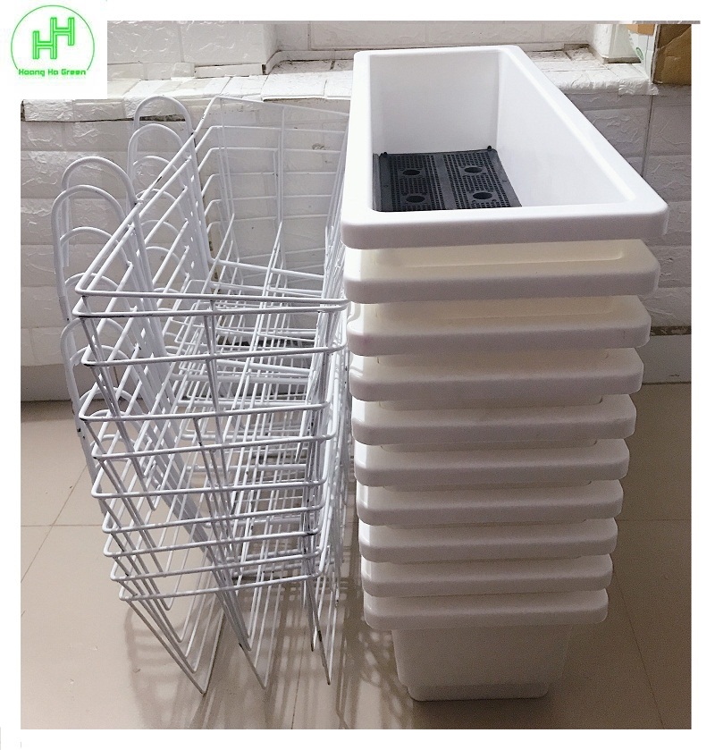 Combo 10 Giỏ Sắt Treo Chậu Hoa Ban Công Hình Chữ Nhật KT 64x21x18Cm - Màu Trắng + 10 Chậu/ Khay/ Máng Nhựa Trồng Rau, Trồng Hoa, Cây Cảnh Kích Thước 67X24X19Cm - Màu Trắng