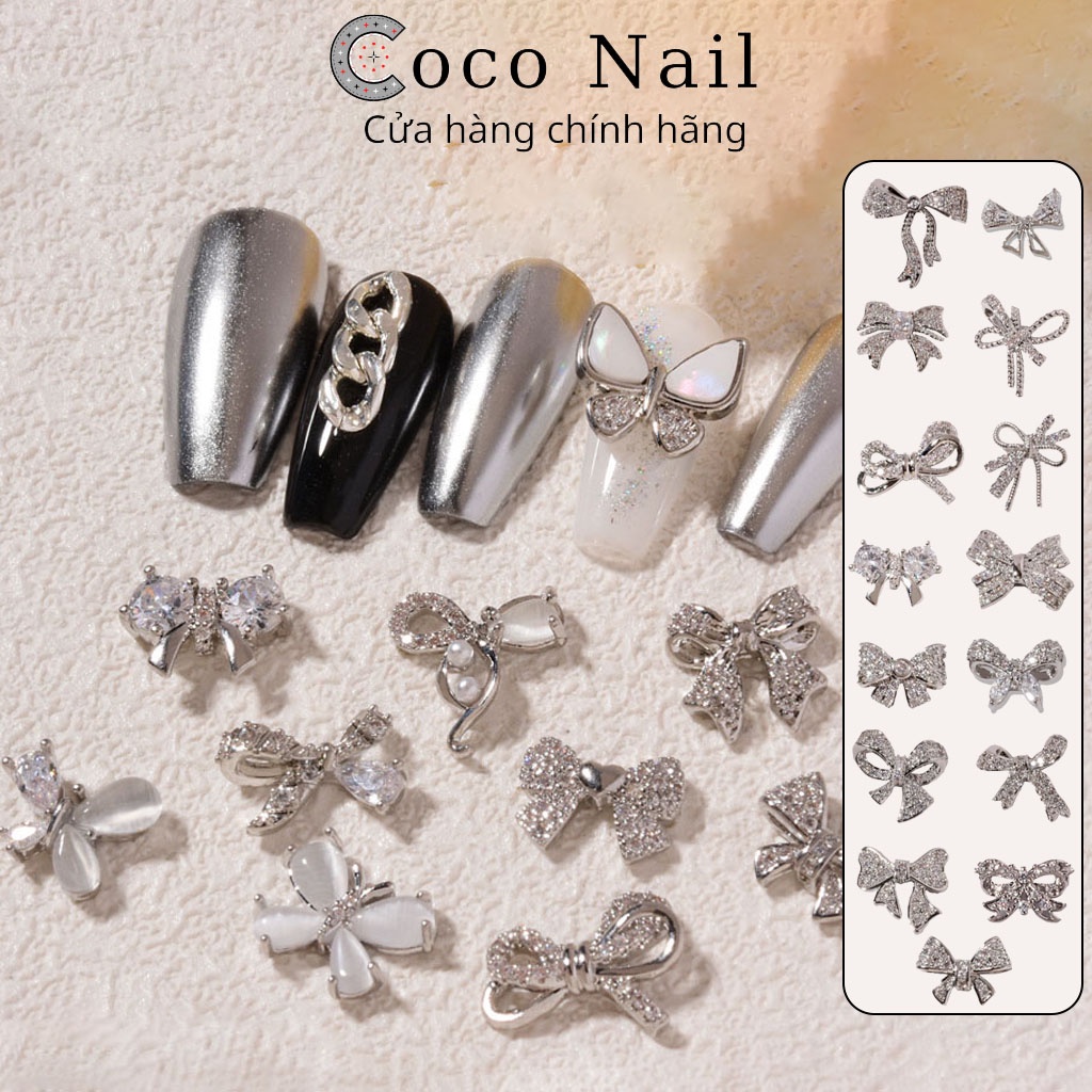 Charm nail nơ, phụ kiện charm nail bạc cao cấp trang trí móng