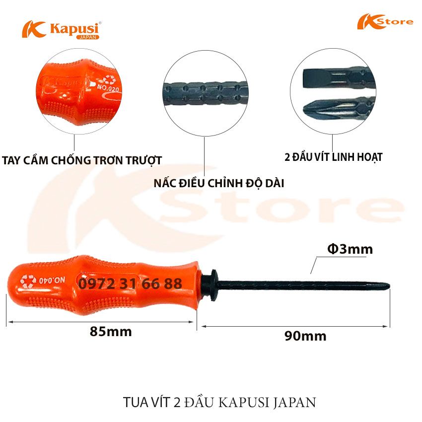 Tua vít kiểu nấc 2 đầu kapusi japan 3x90mm, tuốc nơ vít dẹp và bake trở đầu ngắn, tô vít