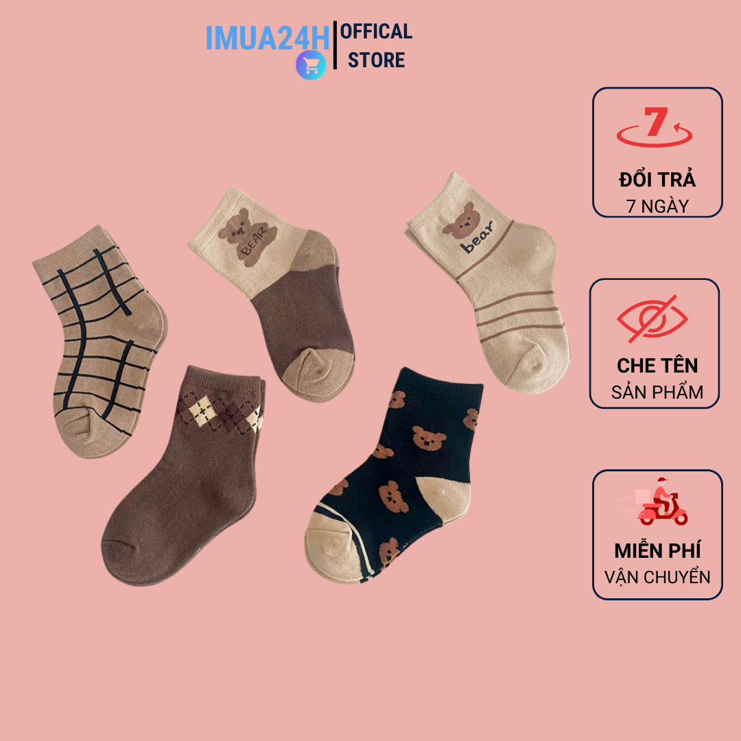 Set 10/set 5 đôi tất trẻ em cổ cao tone nâu hoạ tiết gấu dễ thương