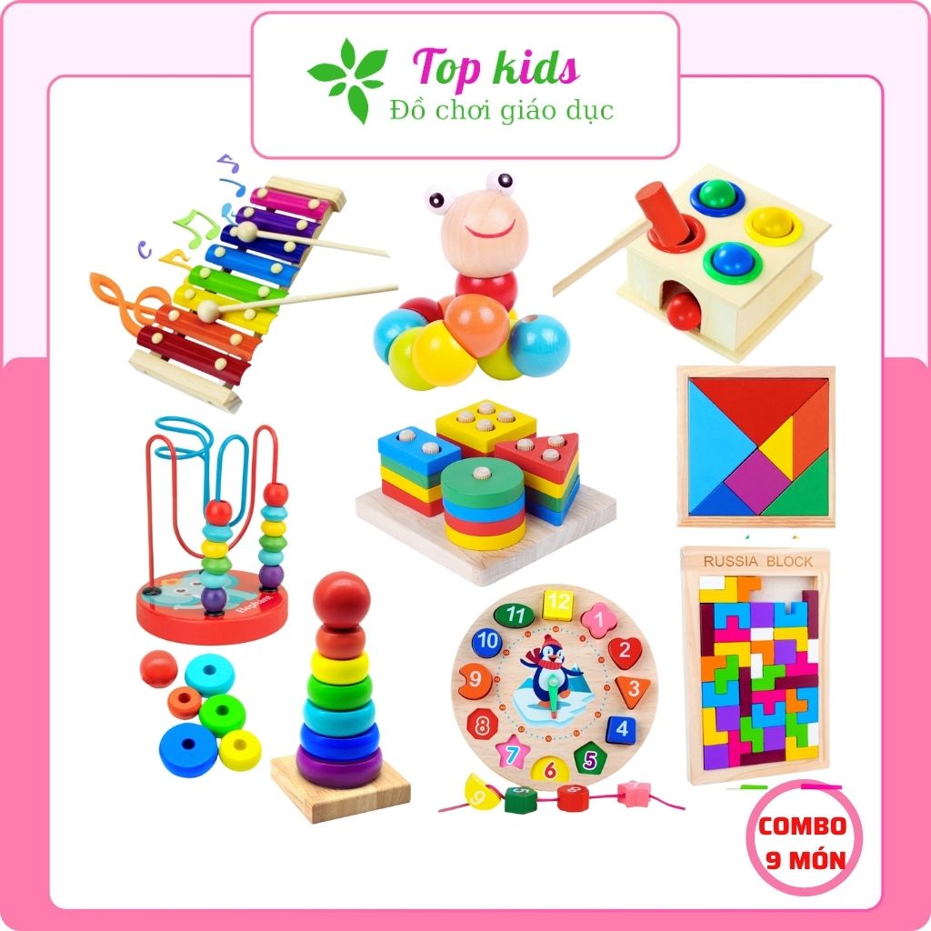 Đồ chơi thông minh cho bé gái bé trai 1 2 3 tuổi montessori, đồ choi cho trẻ bằng gỗ combo 4 5 6 7 8 9 món TOPKIDS