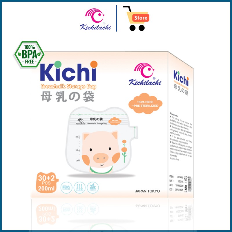 2 hộp - 64 túi trữ sữa 200ml không bpa, không mùi & 2 khóa zip an toàn cho bé kichilachi kichi