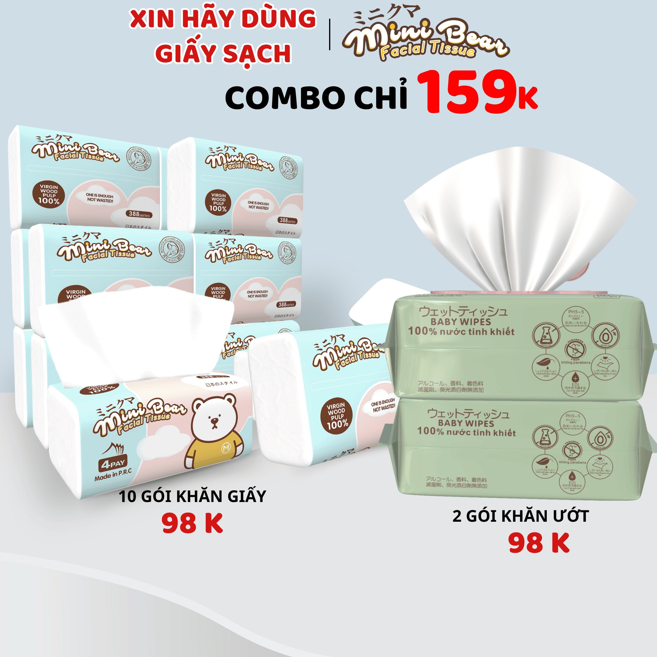 [GIẢM ĐẾN 20% XU] | Combo Tiết Kiệm |  Khăn giấy minibear Nhật kèm 2 gói khăn ướt - lốc 10 gói Giấy ăn Chất liệu thiên nhiên 4 lớp mềm mại