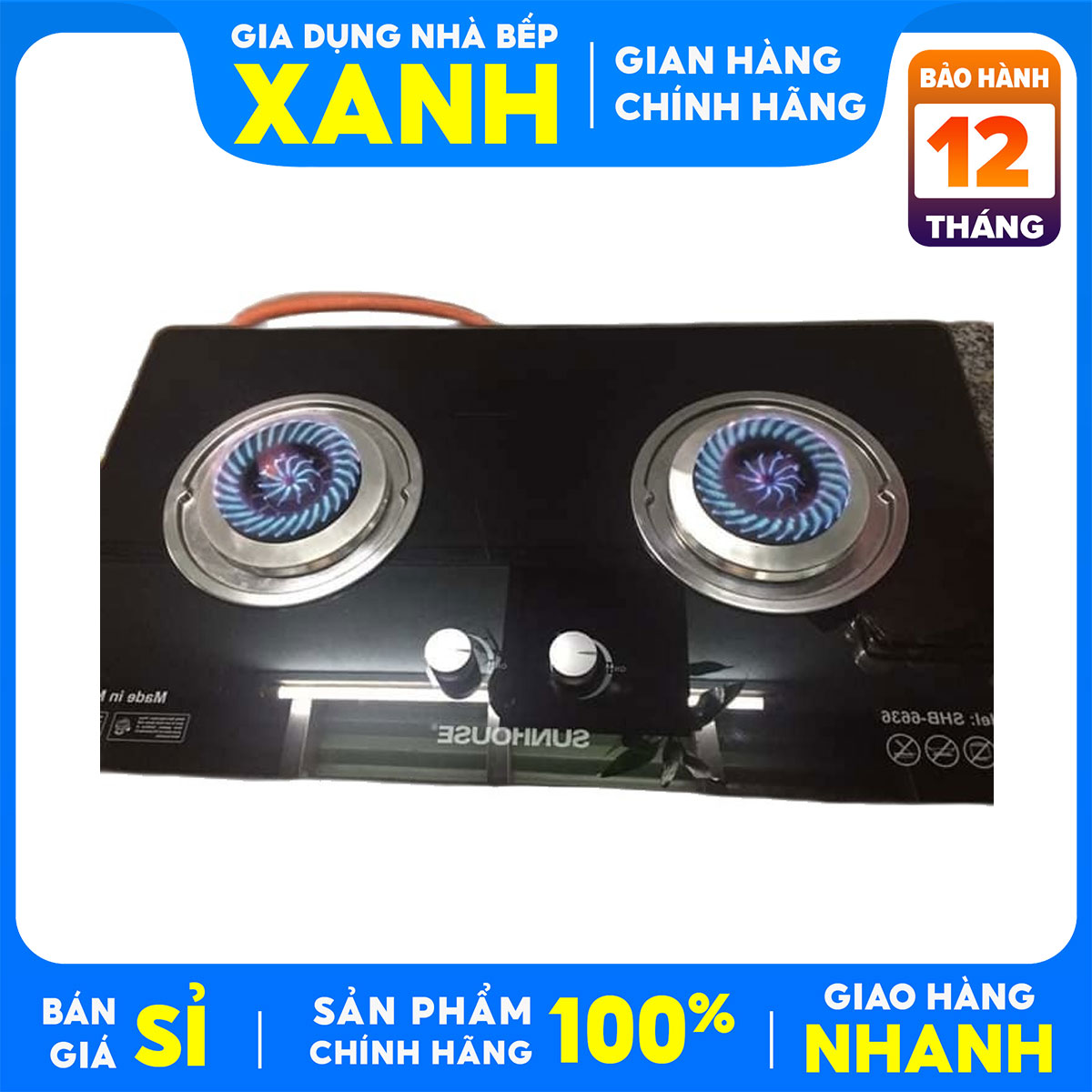 Bếp gas âm đôi Sunhouse SHB-6636-hàng trưng bày+Tặng dây gas+Cổ dê-Đánh lửa IC, Ngắt gas tự động-BH 12 THÁNG