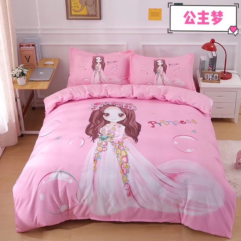 Bộ Chăn Ga Gối Cotton Tina Mẫu Công Chúa Hồng