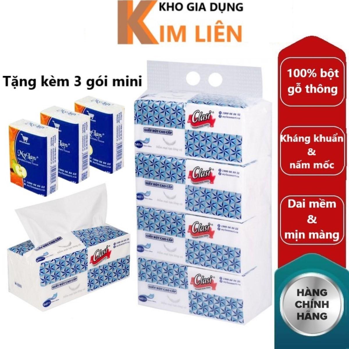 Túi 3 gói khăn giấy lụa rút clasi mylan 3 lớp cao cấp - loại ngắn 570 tờ, dài 540 tờ, không mùi - giấy ăn, lau mặt, vệ sinh