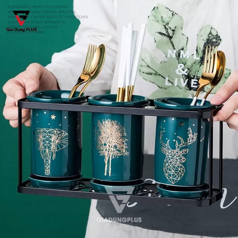 Bộ ba ống đựng đũa, thìa sứ - màu xanh ngọc lục bảo tuyệt đẹp làm sang trọng bếp ăn của bạn