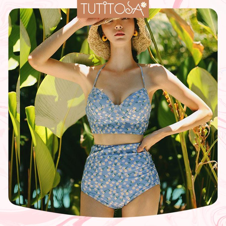 Bikini 2 mảnh xanh hoa tôn dáng, đồ bơi nữ cạp cao sexy