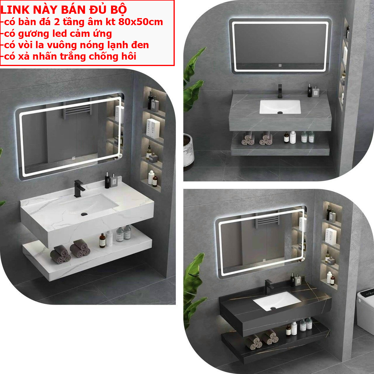 Combo chậu lavabo rửa mặt kèm bàn đá âm 2 tầng chống trầy chống thấm, kèm gương led cảm ứng, và vòi rửa mặt nóng lạnh và xả lavabo