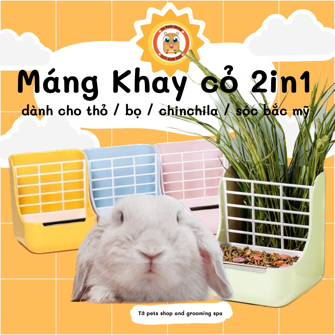 Chén - Máng - khay cỏ 2in1 gắn lồng dành cho thỏ / bọ / chinchila / sóc bắc mỹ