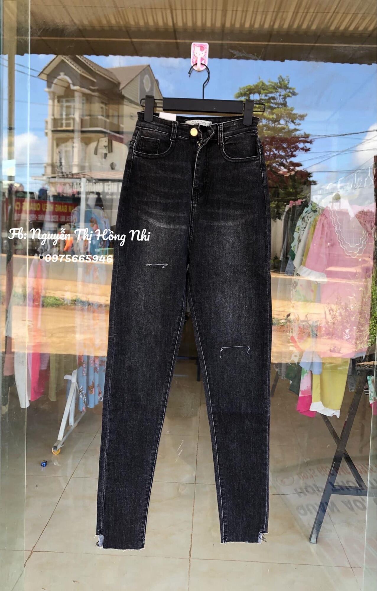 Jeans dài lưng cao co giãn rách