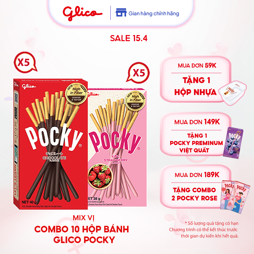 Combo 10 Hộp Bánh Que Glico Pocky Happy Set A (5 Sô Cô La 5 Dâu)