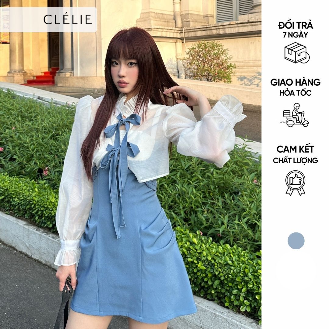 Đầm hai dây thắt nơ kaki phối ren kèm áo khoác tơ | tammy dress - clélie