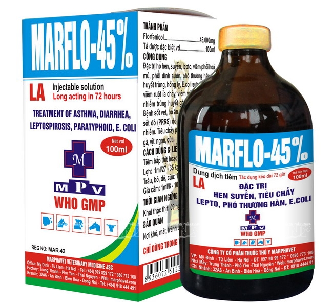 Marflo 45%/Marfo45/Flofenicol hen, suyễn chó, mèo, gia súc, gia cầm