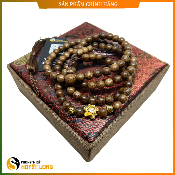 Chuỗi 108 Hạt Trầm Hương Mix Charm Hoa Sen Bi Vàng - Trầm Hương Thiên Nhiên