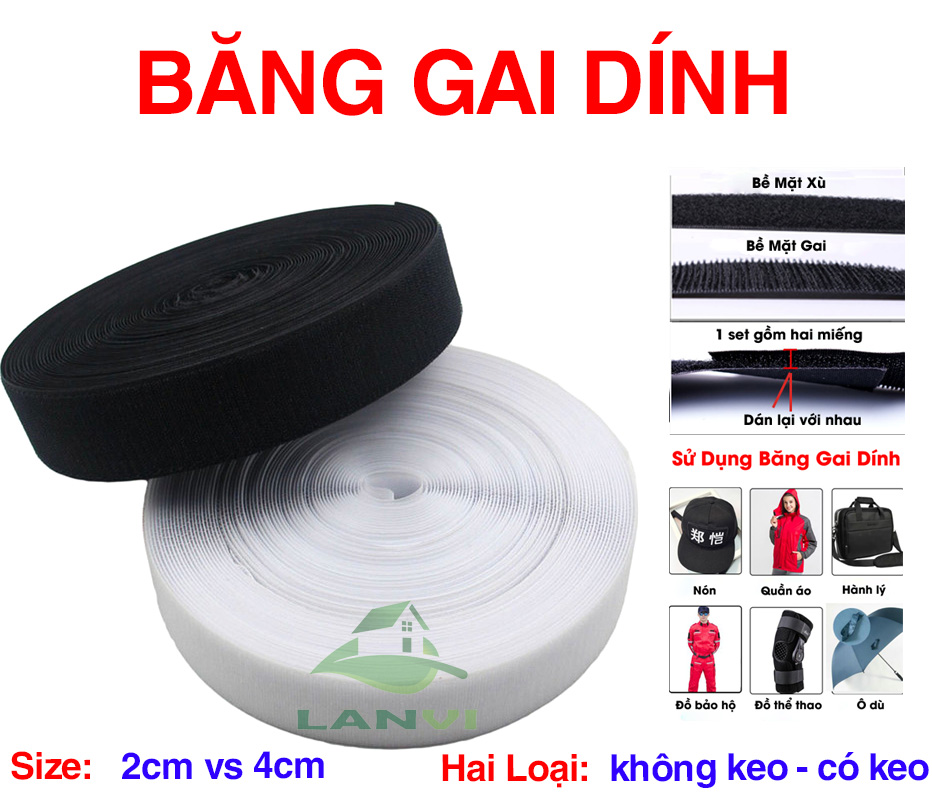 Băng gai dính khóa nhám gai, miếng dán vải 2 mặt dán giày, túi xách, quần áo các vật dụng khổ 2cm