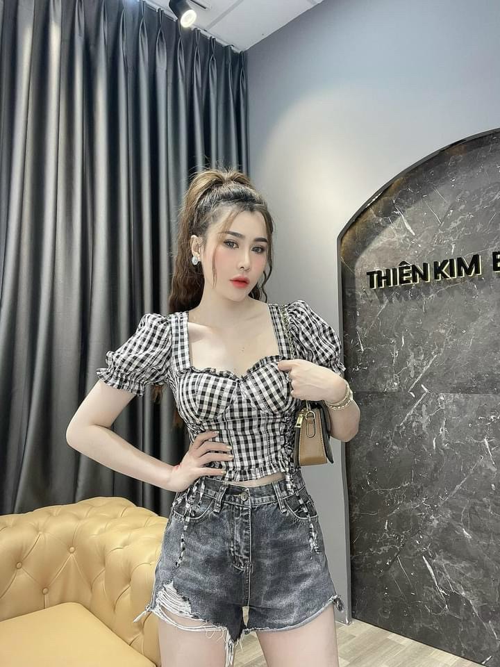 Áo mod ngực caro rút dây,áo croptop caro rút dây có mod ngực siêu xinh,ly store