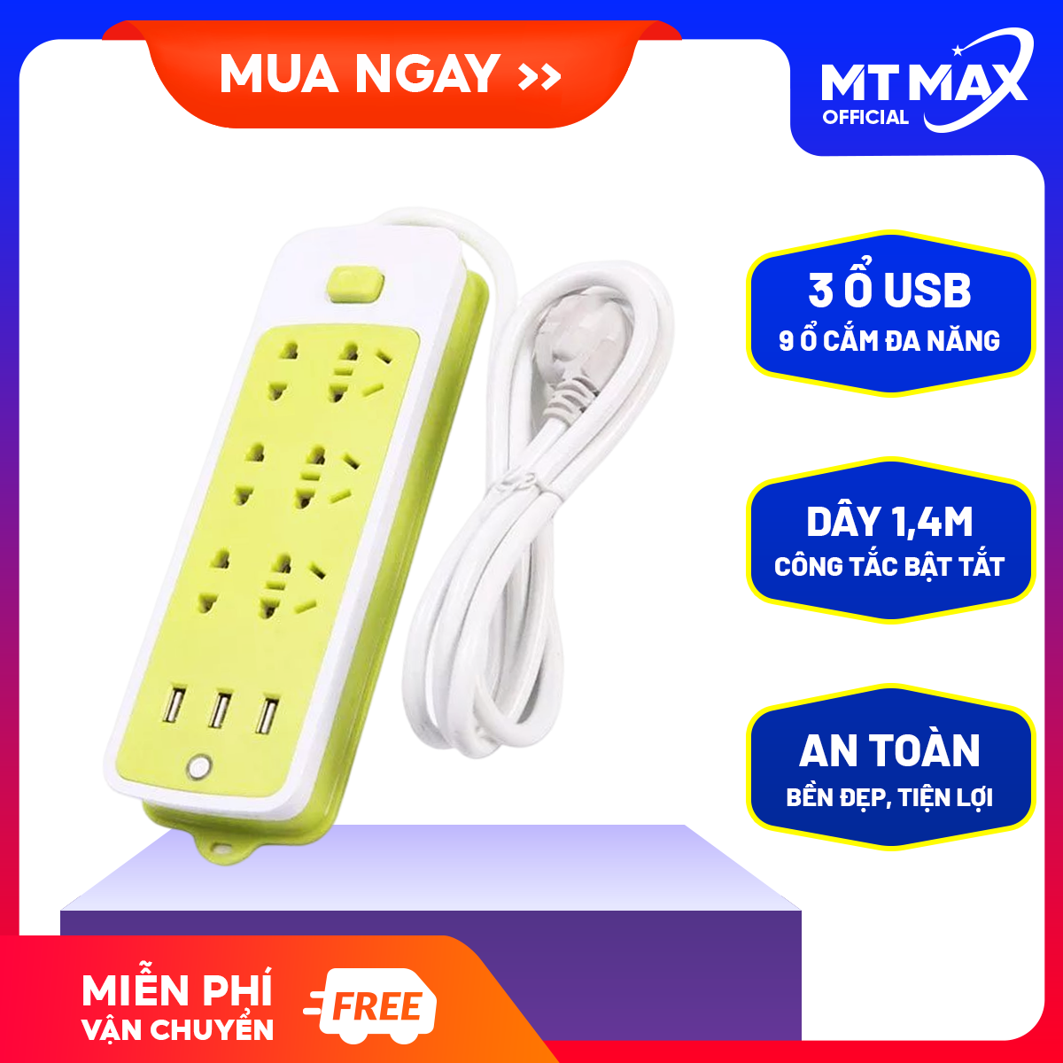 Ổ cắm điện đa năng thông minh có cổng sạc USB tiện lợi, Ổ cắm điện đa năng dây dài 1.4m có công tắc, Ổ điện thông minh đa năng