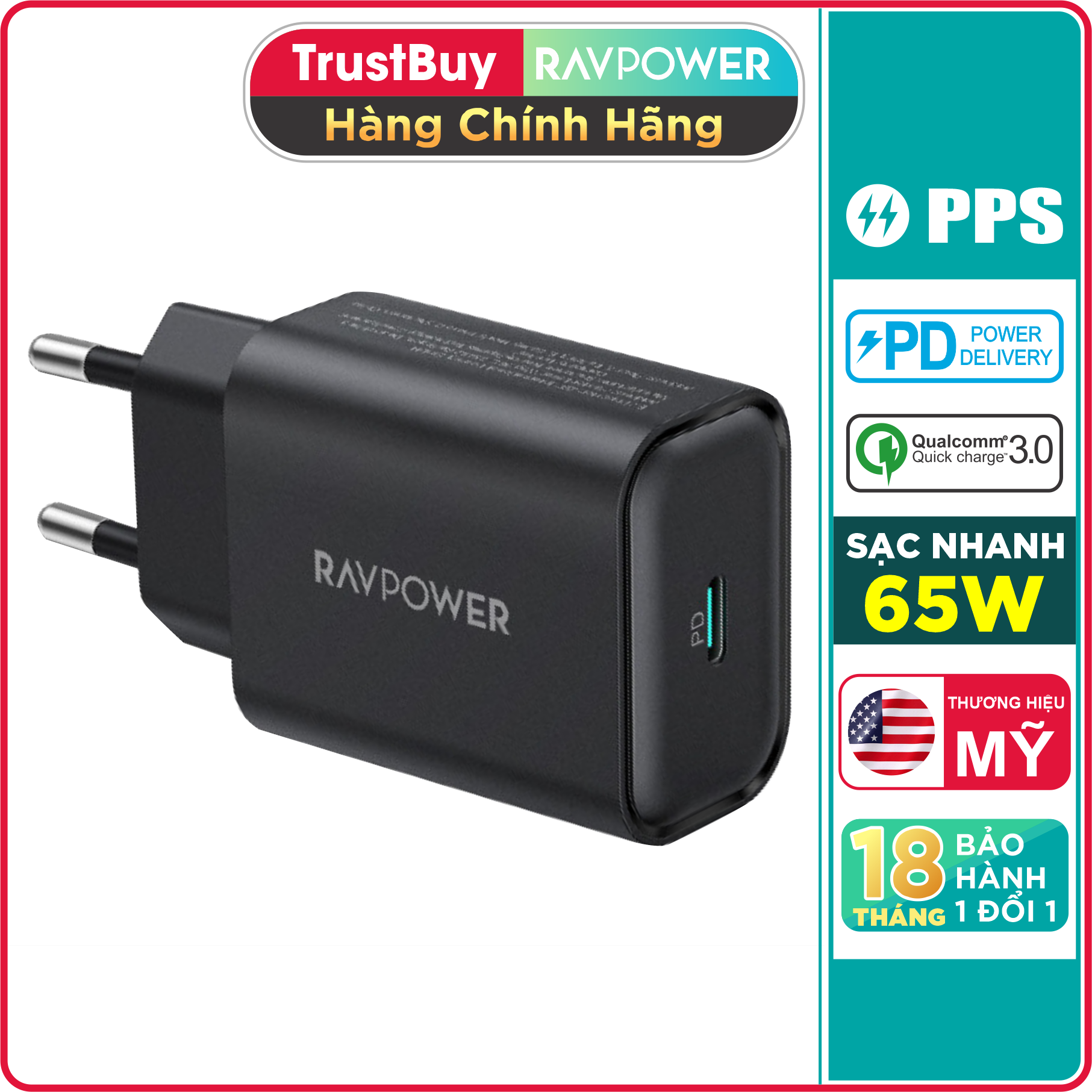 Sạc điện thoại nhanh 25w type c pd 3.0 & qc 3.0 ravpower rp-pc156 - fast phone charger