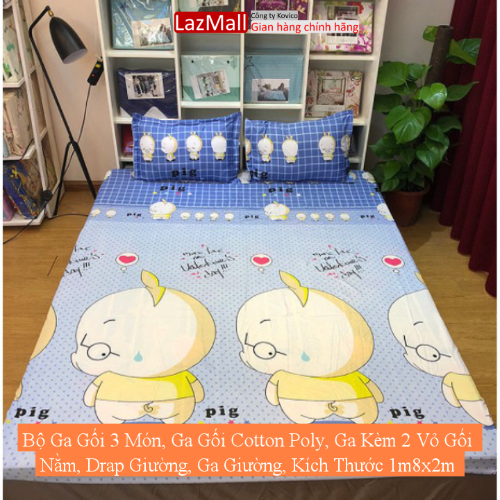 Bộ ga gối 3 món, ga gối cotton poly, ga kèm 2 vỏ gối nằm, drap giường, ga giường, kích thước 1m8x2m