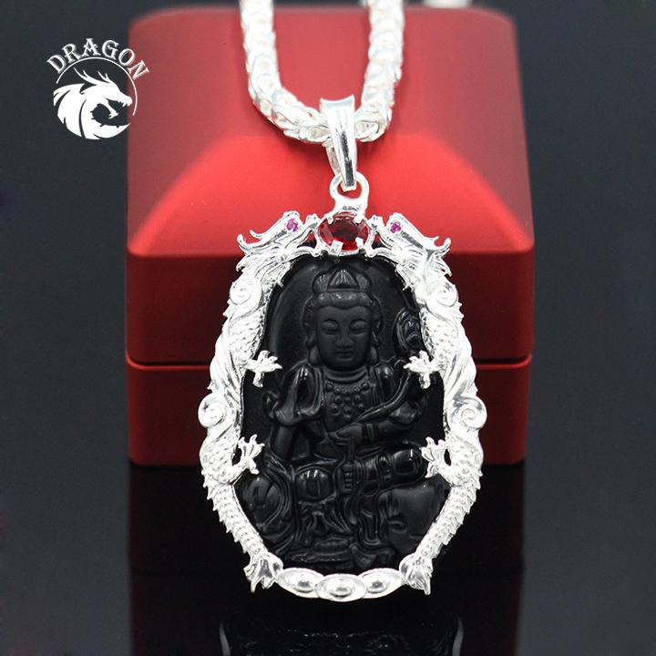 Dây chuyền đẹp, dây chuyền nam, dây chuyền bạc nam, dây chuyền phật phổ hiền bồ tát đá obsidian bọc rồng bạc - bạc nam dragon