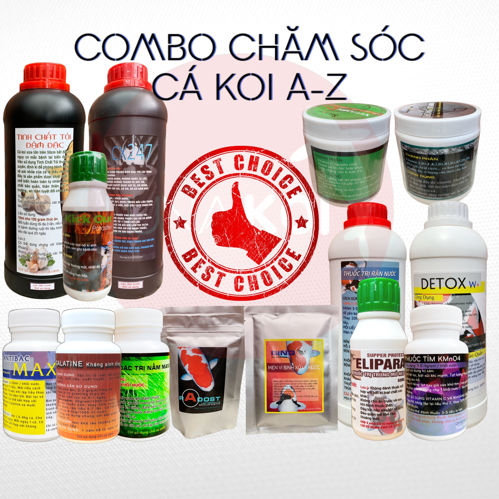 COMBO Bộ 14 sản phẩm Phòng Trị bịnh cá Koi đặc biệt hiệu quả, an toàn, tiết kiệm, chăm sóc cá Koi