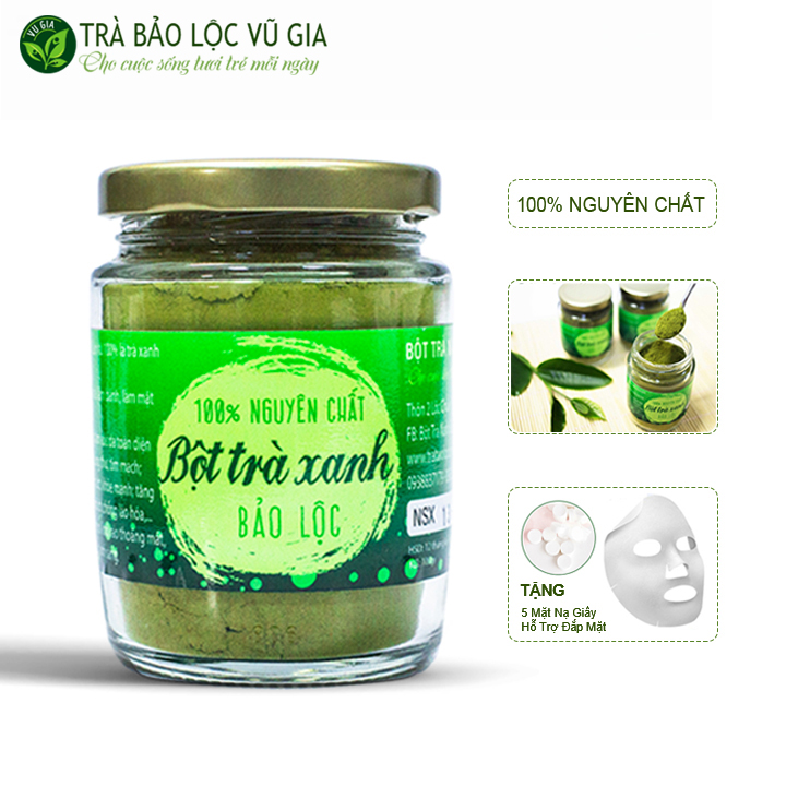 Bột Trà Xanh Nguyên Chất Vũ Gia 100g + Tặng 5 Mặt Nạ Giấy Cao Cấp - Đánh bay mụn dưỡng da tắm trắng hiệu quả - Đã được kiểm nghiệm y tế