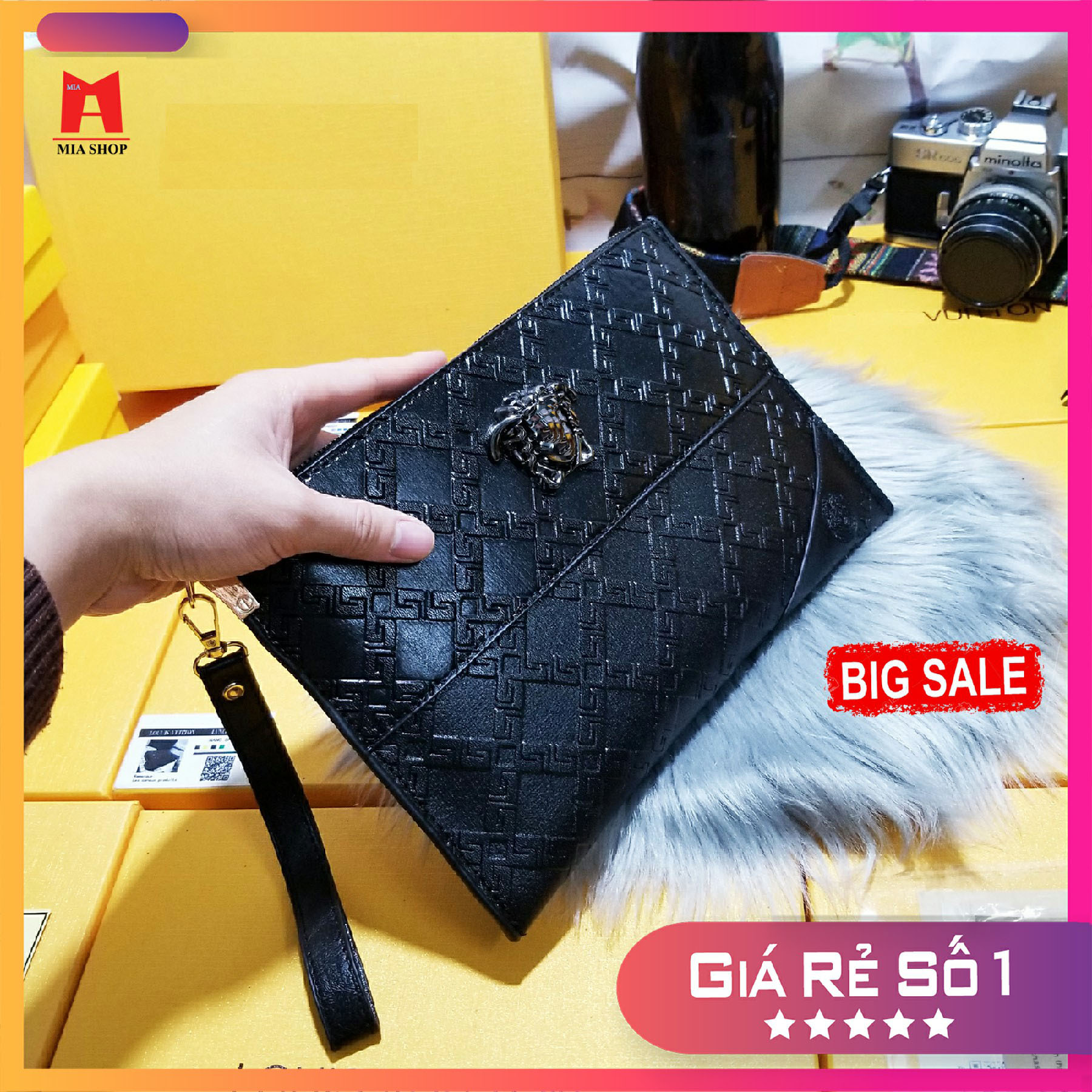 Ví Cầm Tay Nam Nữ Cao Cấp Bản To Đựng Vừa Điện Thoại Máy Tính Bảng Có Dây Đeo Tay Da PU Đẹp Dự Tiệc Màu Đen BTVVS6 Mia Shop