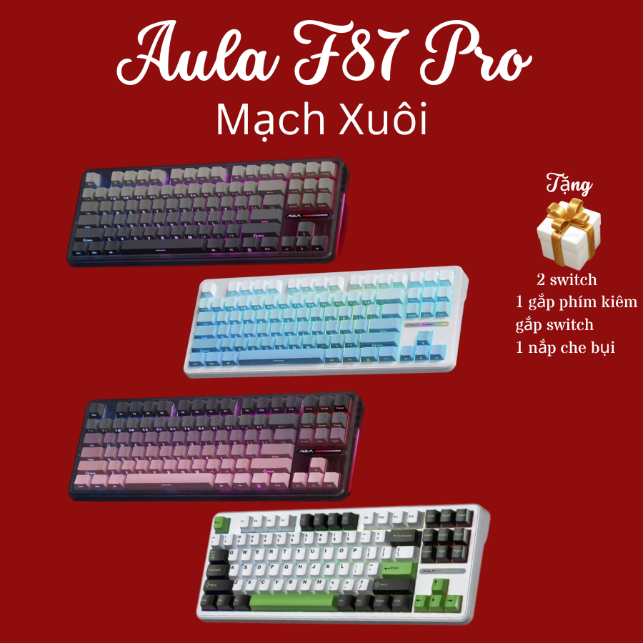 Bàn phím cơ không dây Aula F87 Pro Mạch Xuôi, Led RGB, 3 mode kết nổi tiện lợi, kết cấu Gasket 5 lớp, Nhà SX custom hoàn chỉnh.